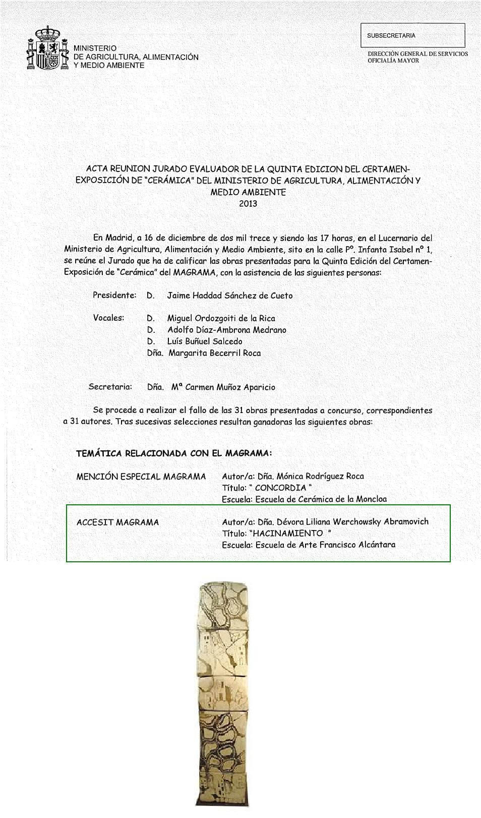 Accésit Certamen de Cerámica 2014, Ministerio de Agricultura